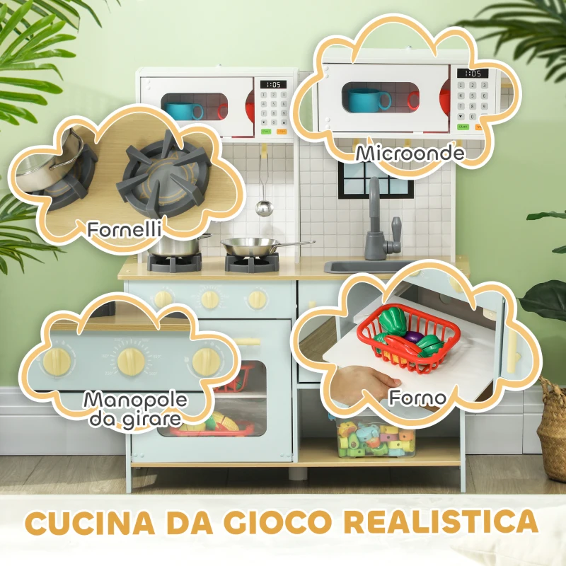 AIYAPLAY Cucina Giocattolo per Bambini con Fornelli e Armadietti, in Acciaio, Legno e PP, 72x33x85.2 cm, Blu e Bianco