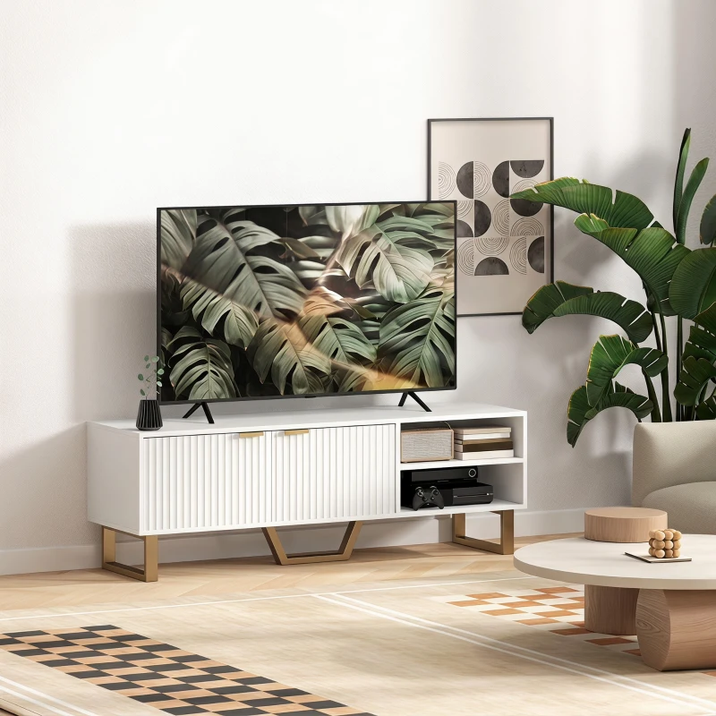 HOMCOM Meuble TV banc TV pour téléviseur jusqu'à 70 pouces - placard à 2 portes cannelées, compartiment ouvert et passe-câbles