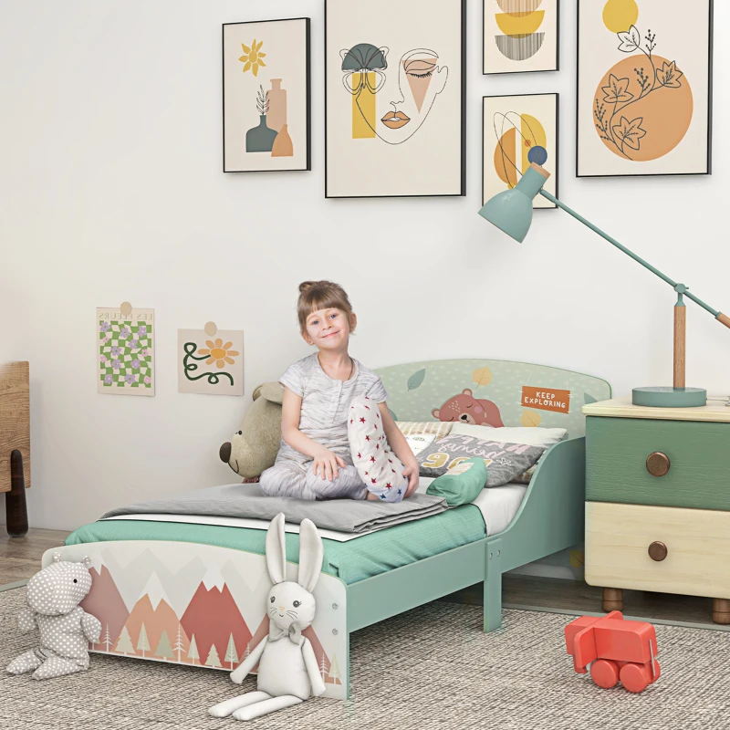 ZONEKIZ Pat pentru copii 3-6 ani cu margini ridicate, somieră și model cu animale, 140x70 cm, verde