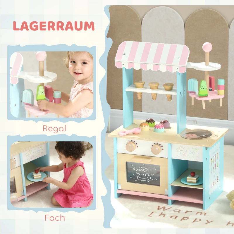 AIYAPLAY Eiswagen für Kinder Eisdiele Kinder 17 Stück Eis Kinderküche mit 17 Zubehörteile, Ofen, MDF, Hellblau