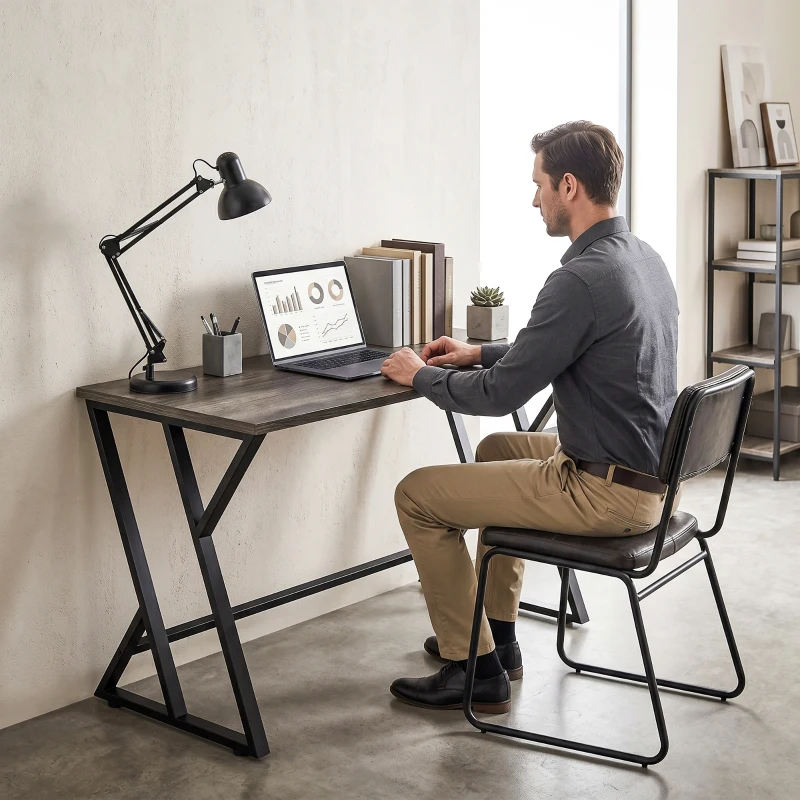 HOMCOM Schreibtisch Computertisch 120x60cm Bürotisch mit Z-förmigem Metallfuß, Holzoptik, Industriedesign für Büro, Grau