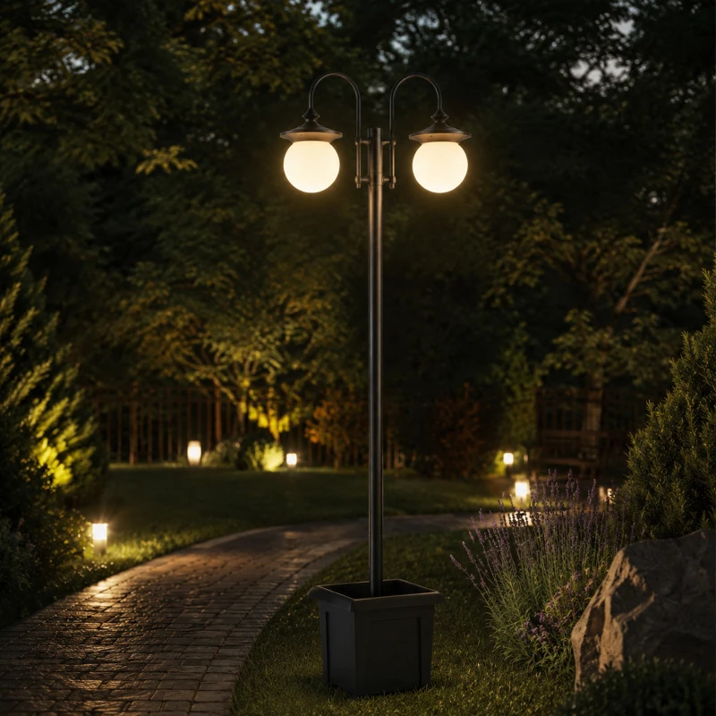 Outsunny Solar lantaarn op paal 182 cm, verstelbare tuinlamp voor buiten met 2 koppen, plantenbak, lichtsensor en schakelaar, IP44