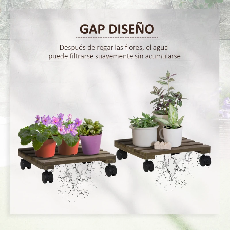Outsunny Pack de 2 Plataformas con Ruedas de Madera Soportes para Plantas Macetas Exterior Interior Carga 50 kg Marrón Oscuro