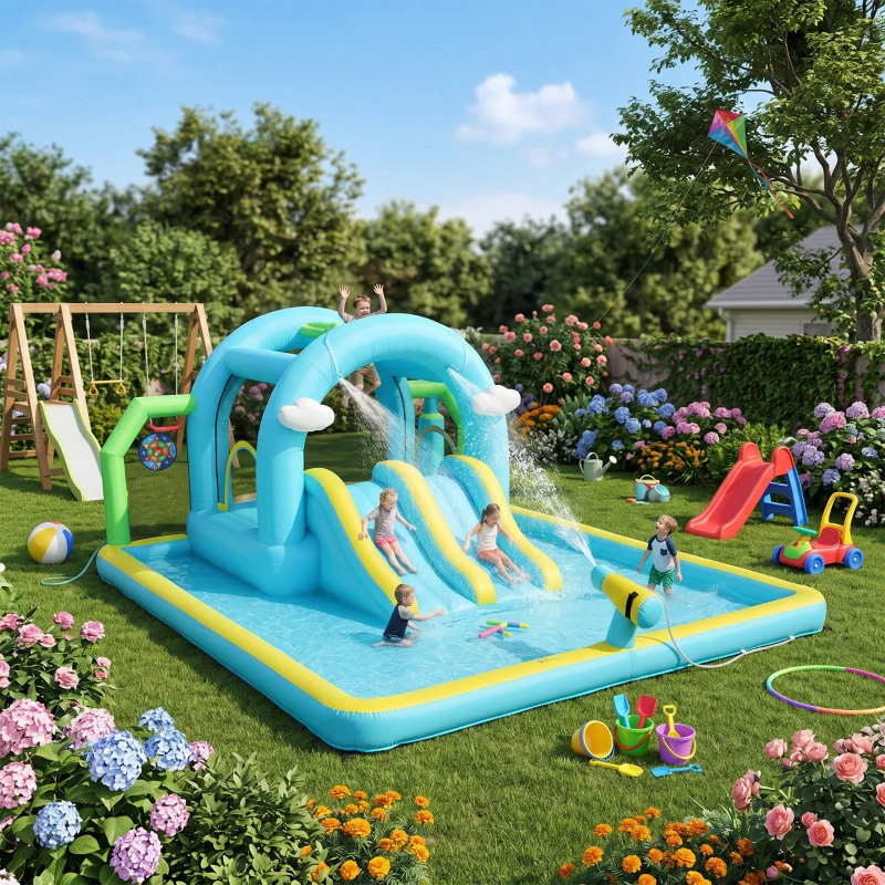 AIYAPLAY Castillo Hinchable Acuático 7 en 1 con Soplador 2 Toboganes Trampolín Piscina Canasta Columna de Boxeo 426x360x198 cm