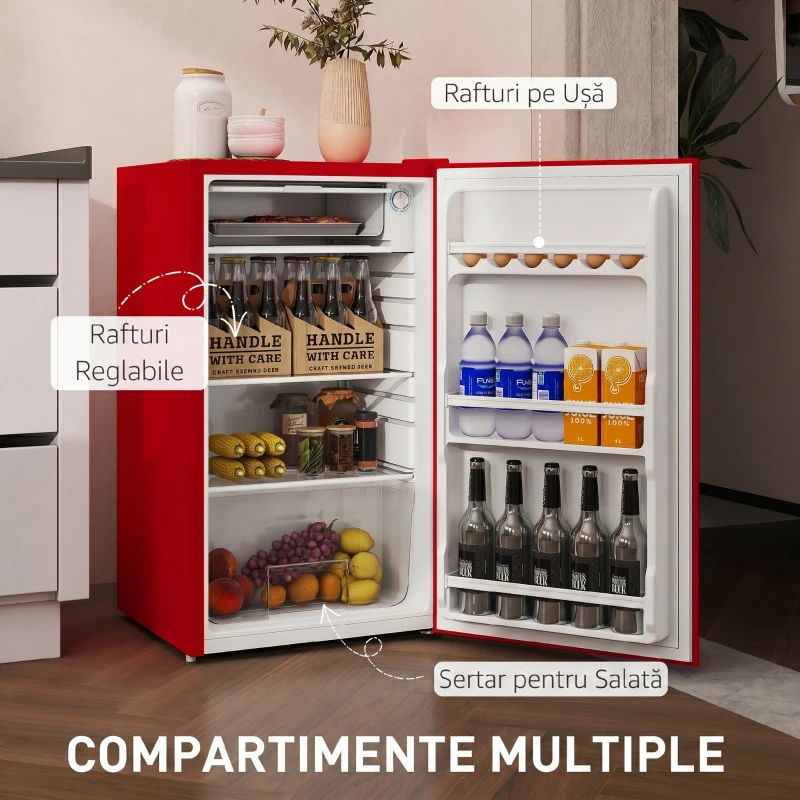 HOMCOM Frigider Compact 91L Ușă Reversibilă cu Congelator și Temperatură Reglabilă, Roșu