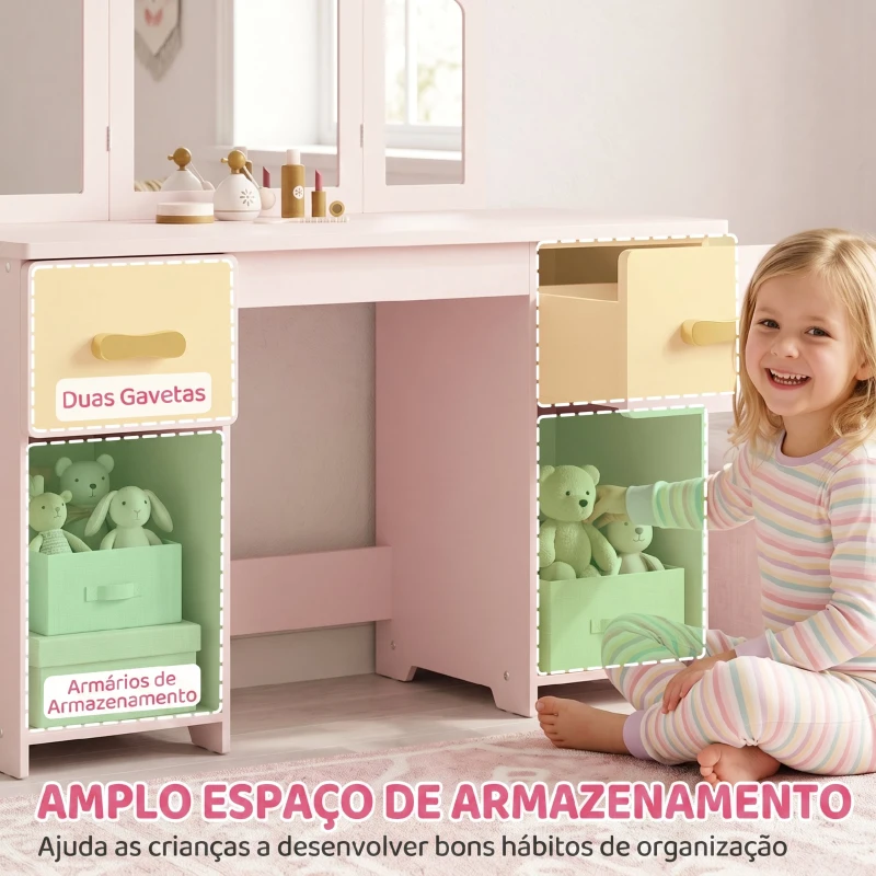 AIYAPLAY Penteadeira Infantil de Maquilhagem com Banco, 3 Espelhos Amovíveis, 2 Gavetas, 2 Armários e 7 Acessórios, Rosa, +3 Anos