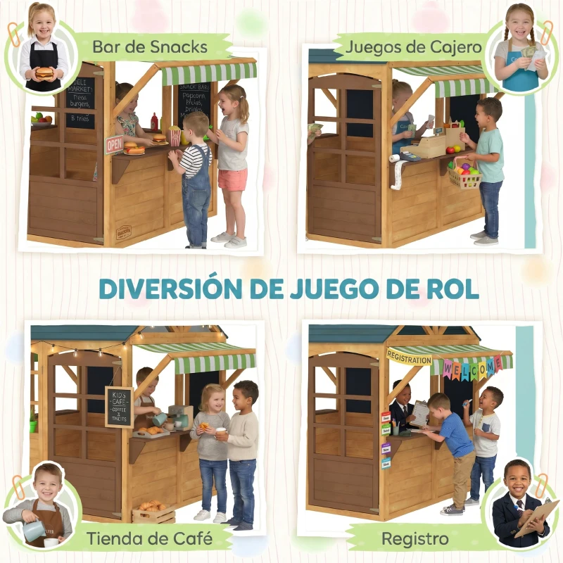AIYAPLAY Casita de Juegos Infantil de Madera con Ventanas Pizarras Tejado y Toldo 173x117x144 cm Madera Natural