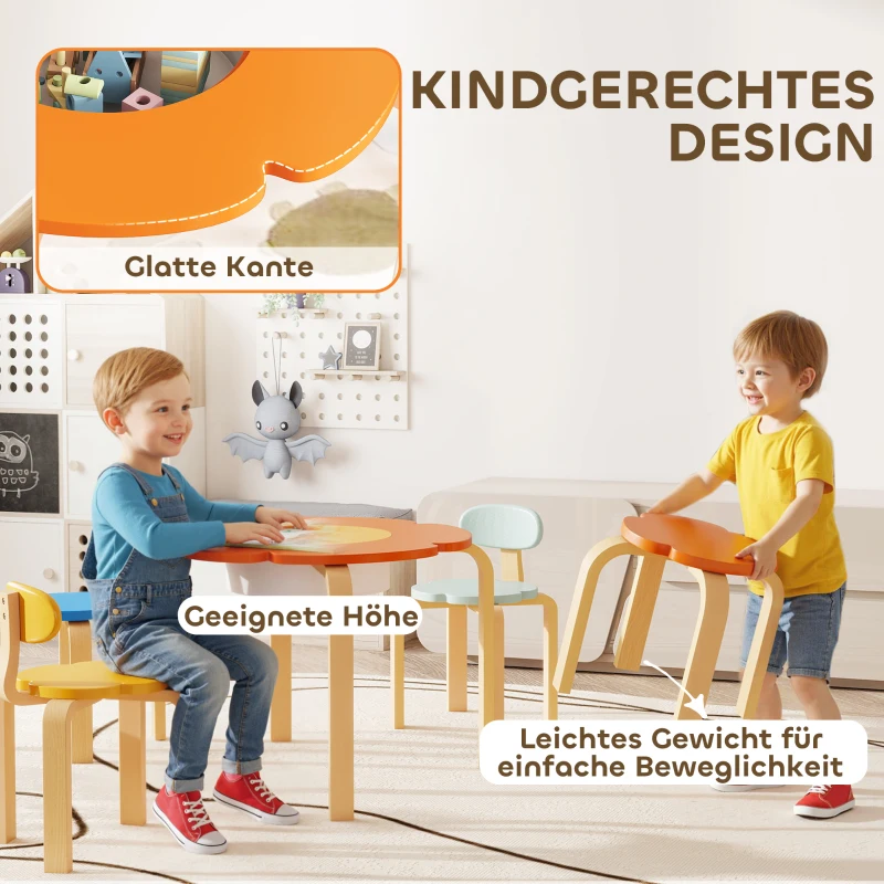 AIYAPLAY 5-delige kindertafel- en stoelenset met opbergtas, bloemvorm, voor speelkamer en kinderkamer, hout, kleurrijk