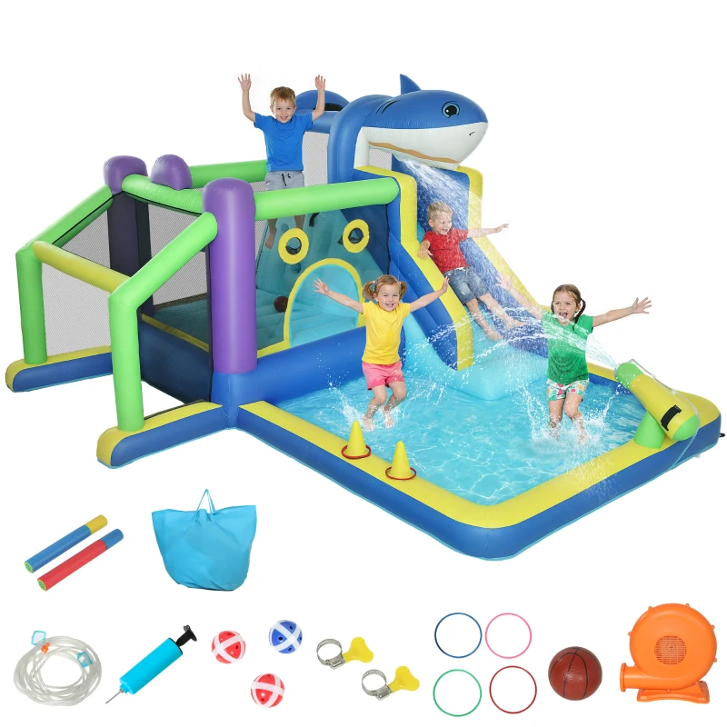 AIYAPLAY 8-in-1 aufblasbar Hüpfburg mit Hai-Design Gebläse Rutsche Planschbecken Trampolin für 3–8 Jahre 405x345x235cm Mehrfarbig