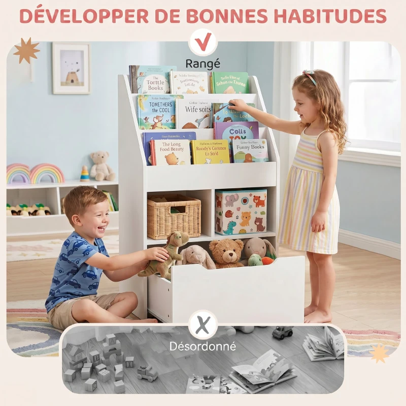 HOMCOM Bibliothèque étagère Multi-Rangement 3 étagères 2 niches Grand tiroir en bois Blanc