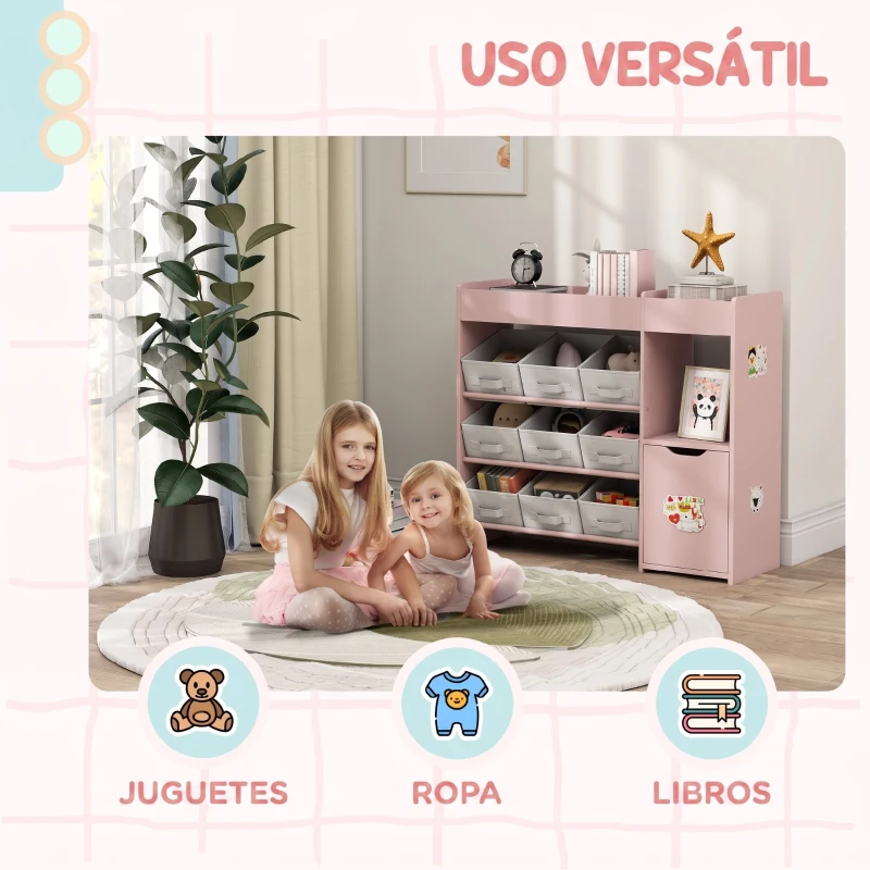 AIYAPLAY Organizador Infantil con Compartimentos 9 Cestas Extraíbles y Láminas de Pegatinas 92x30x80 cm Rosa