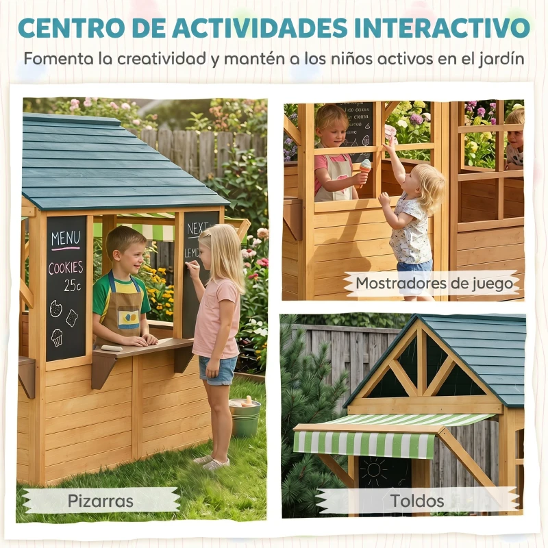 AIYAPLAY Casita de Juegos Infantil de Madera con Ventanas Pizarras Tejado y Toldo 173x117x144 cm Madera Natural