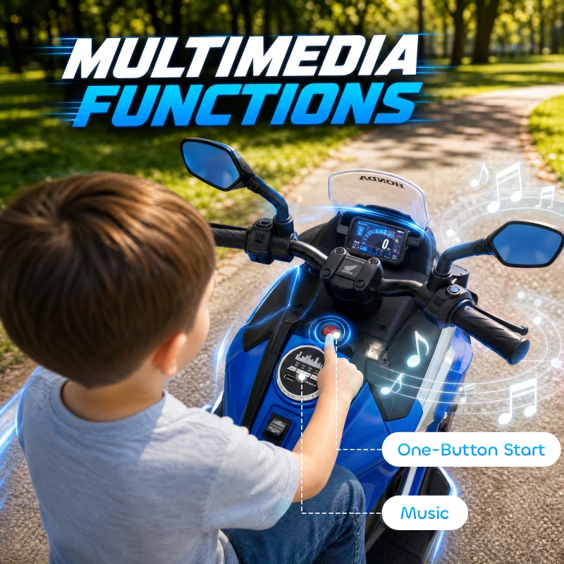 AIYAPLAY Licensed Honda 12V Kids Electric Motorbike with Training Wheels, Soft Start, Headlights, Music for 3-6 Years, Blue