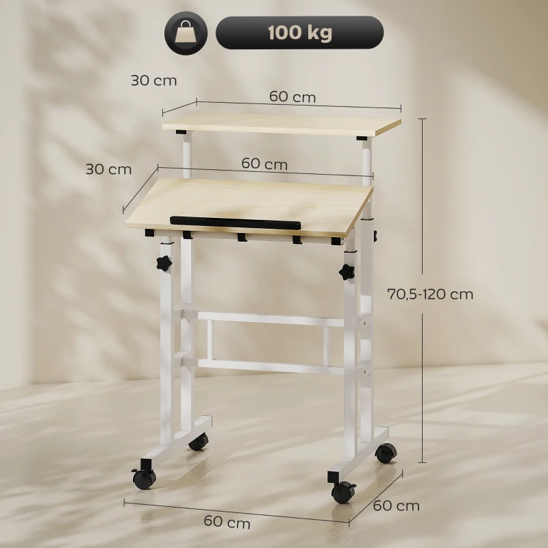HOMCOM Bureau assis debout bureau réglable en hauteur 60 x 60 cm à roulettes avec plateau inclinable cadre en métal naturel