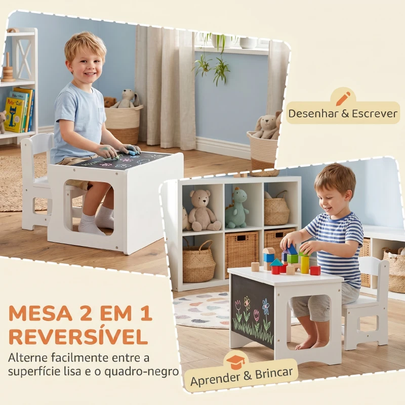 AIYAPLAY Mesa Infantil com Cadeira Tampo Reversível Mesa e Cadeira Infantil com Lousa para Desenho Crianças 3-6 Anos Branco