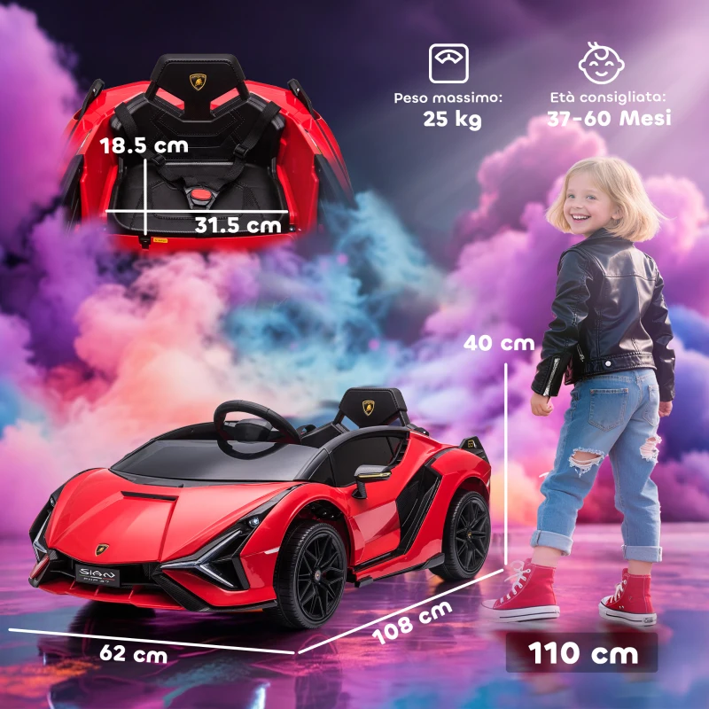 HOMCOM Macchina Elettrica per Bambini 3-5 Anni 12V Lamborghini SIAN, 3-5km/h Auto Elettrica per Bambini con 2 Motori, Porte a Forbice, Fari e Musica, Telecomando, Cintura e Clacson, Rosso