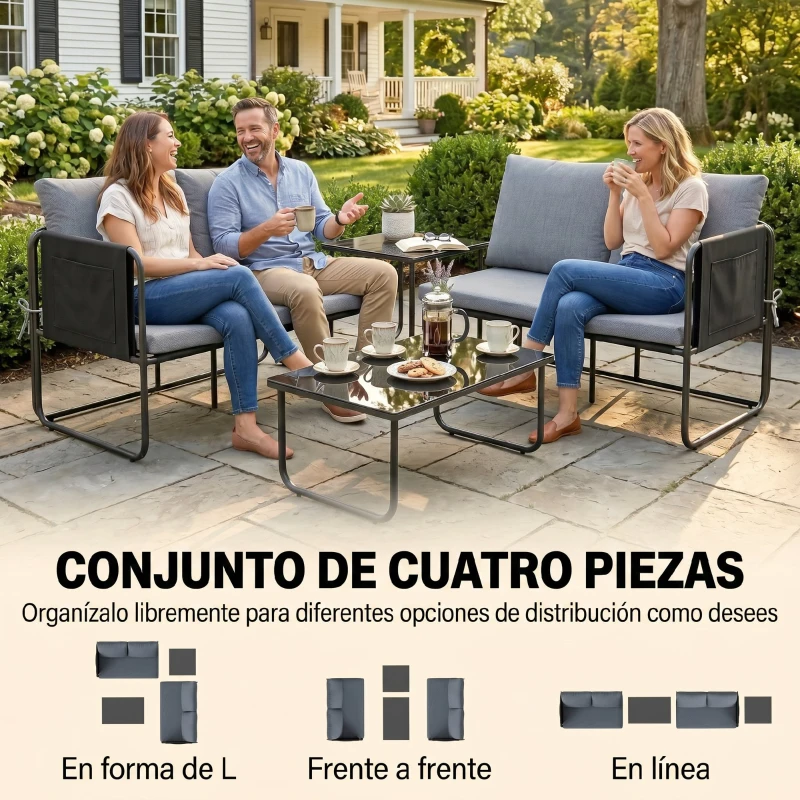 Outsunny Conjunto Jardín Exterior de 4 Piezas con 2 Sofás 2 Plazas 2 Mesas de Vidrio Cojines Fundas Extraíbles y Bolsillos Gris
