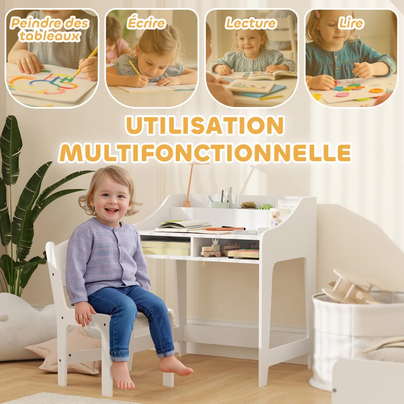 AIYAPLAY Ensemble bureau et chaise pour enfant 3 à 8 ans avec compartiments et étagères ouverts, blanc