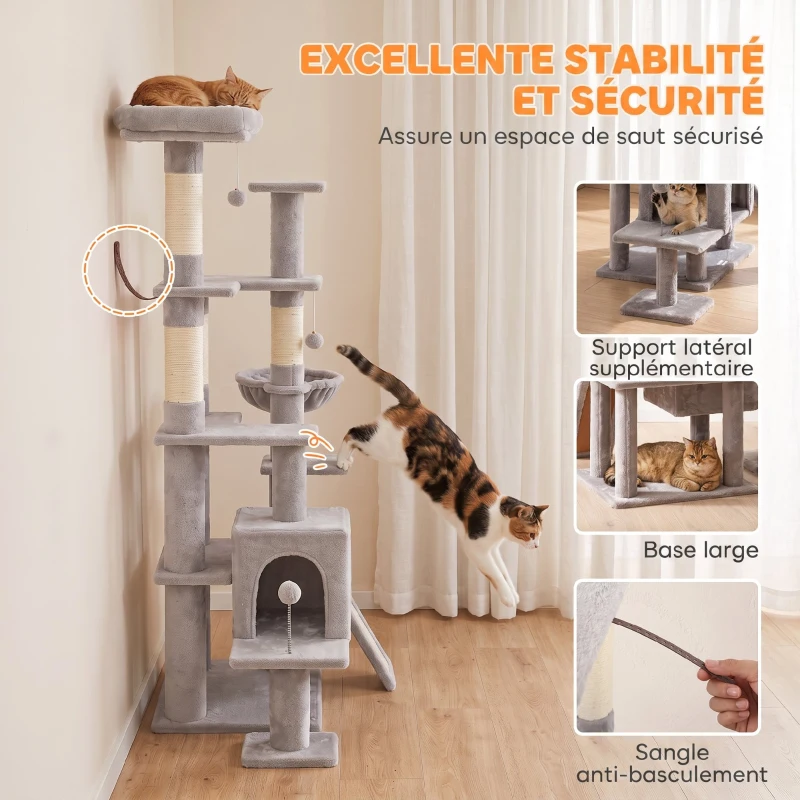 PawHut Arbre à Chat 5 niveaux 152cm, Niche, Hamac, Plateforme, Poteaux à Griffer, Balles Suspendues, Gris Clair