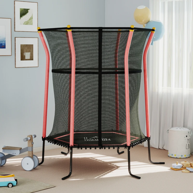 HOMCOM Trampoline pour enfant 1,22 x 1,11 x 1,9 m filet de sécurité porte zippée 6 poteaux rembourrés inclus rouge noir