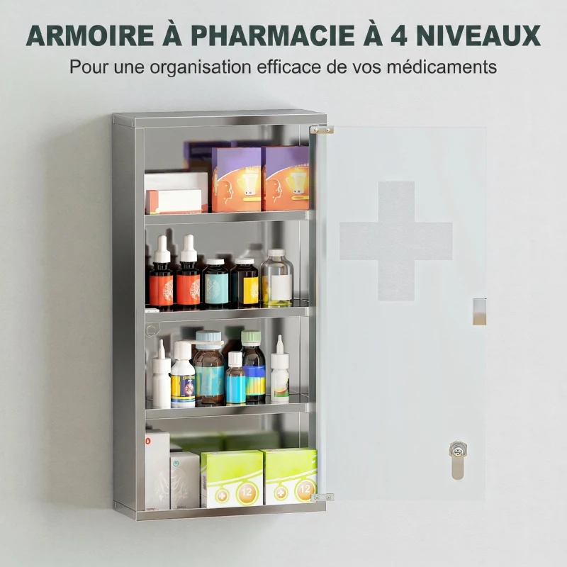 HOMCOM Armoire à Pharmacie 3 étagères 4 Niveaux 30L x 12l x 60H cm Porte Verre trempé Symbole Croix Acier Inoxydable brossé