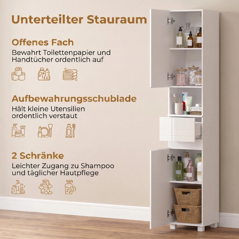 HOMCOM Smalle badkamerkast met verstelbare legplanken, 30 x 30 x 170 cm, wit