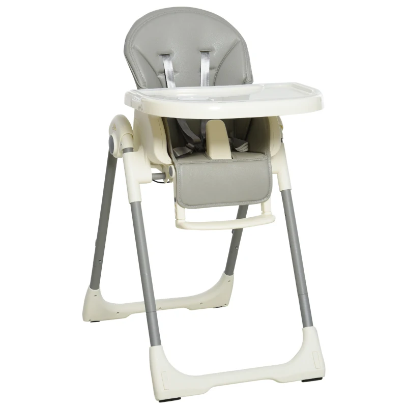 HOMCOM Trona para Bebé Evolutiva Ajustable y Plegable con Doble Bandeja Trona Portátil de +6 Meses Reclinable con 2 Ruedas y Frenos 55x80x104 cm Gris