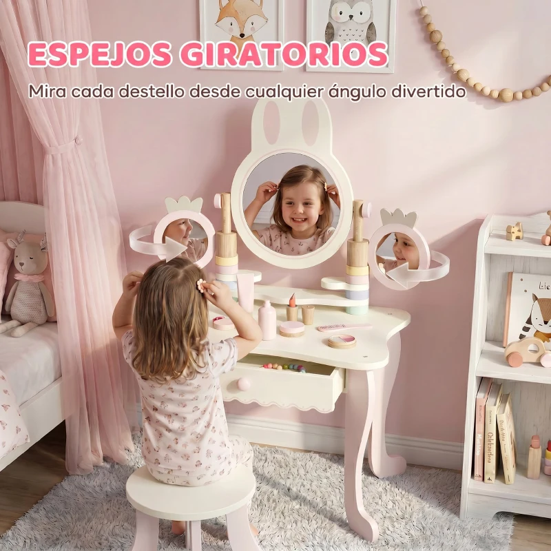 AIYAPLAY Tocador de Maquillaje Niñas con Taburete Espejos Giratorios Cajón 6 Accesorios Bandejas Laterales para +3 Años Rosa