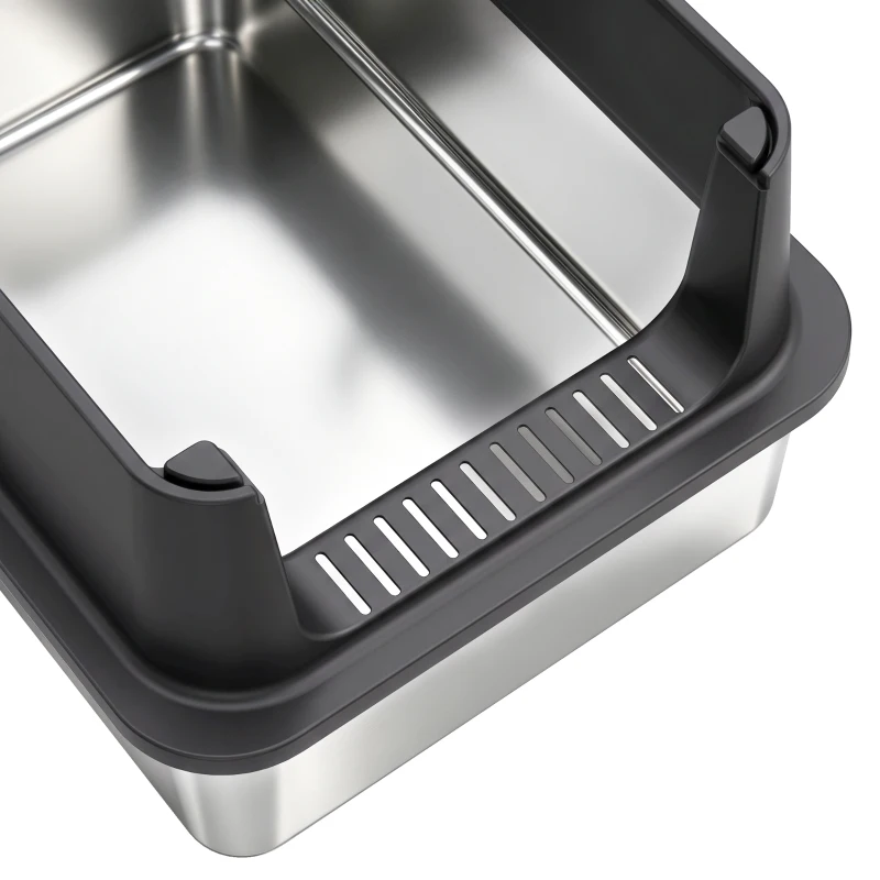 PawHut Set van 2 XL RVS kattenbakken met hoge rand en kap, 60 x 40 x 30 cm, halfopen, incl. 2 scheppen, voor grote katten tot 8 kg