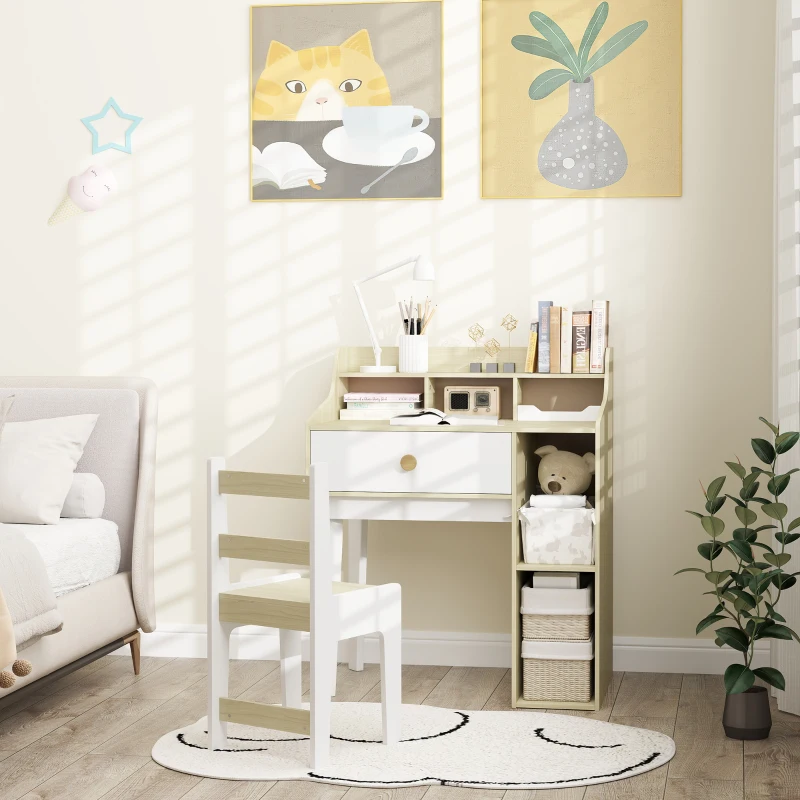 AIYAPLAY Set Scrivania per Bambini e Sedia in Legno con Scaffale e Cassetto, Età 3-10 Anni, Bianco e Legno