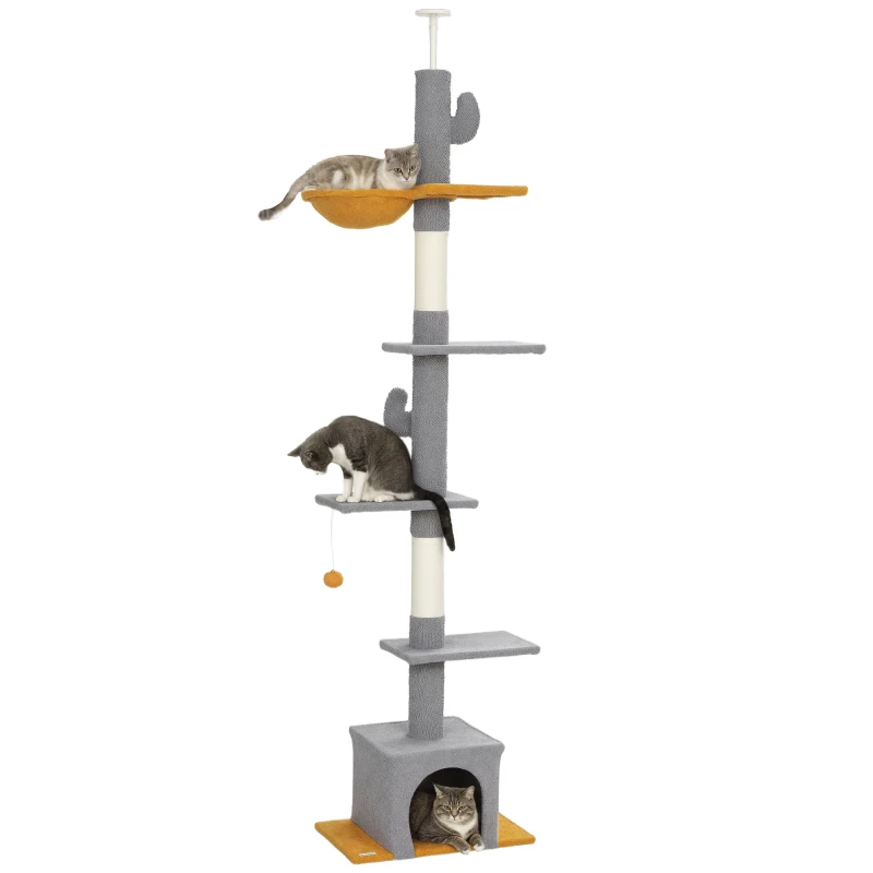 PawHut Arbre à chat, hauteur 275 cm, 6 niveaux pour chat d'intérieur, du sol au plafond, avec plate-formes, niche, gris clair