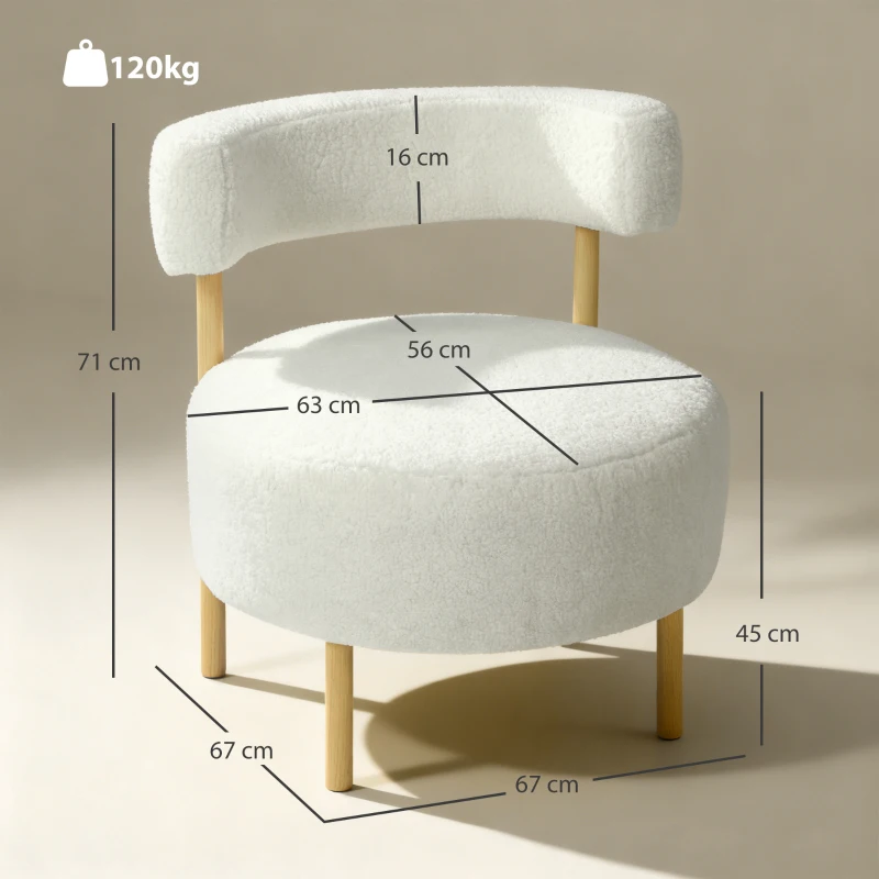 HOMCOM Fauteuil Loungestoel Relaxfauteuil met Sherpa-fleece, metalen poten in houtlook gestoffeerde stoel 67 x 67 x 71 cm Crèmewit