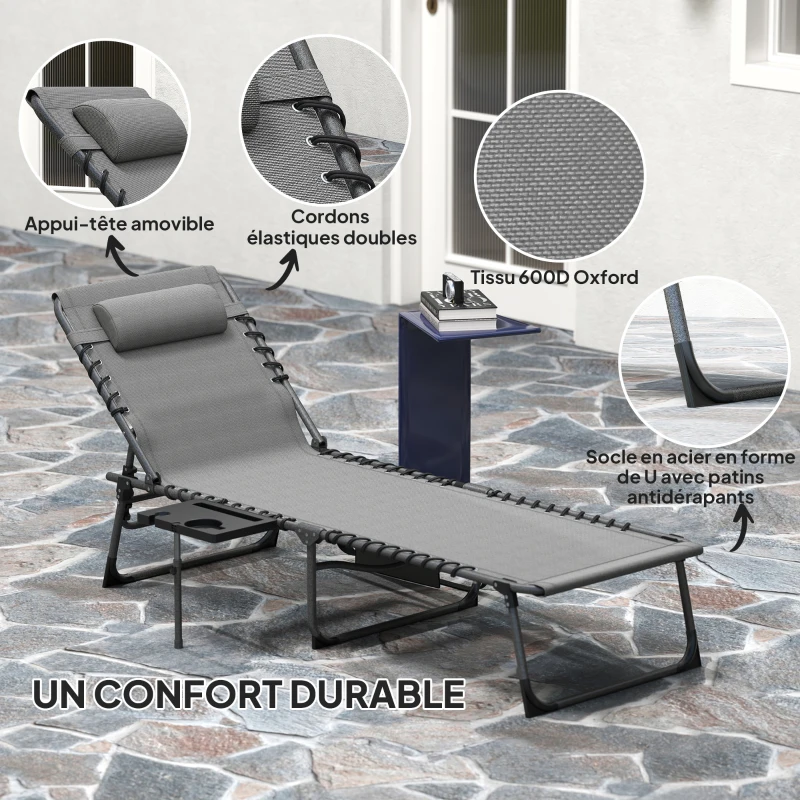 Outsunny Bain de soleil pliante dossier réglable sur 5 niveaux, plateau, appuie-tête, poche latérale 60x190x31cm, gris