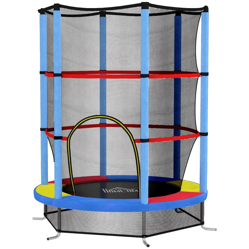 HOMCOM Tappeto Elastico per Bambini 3-6 Anni con Rete di Protezione, 6 Colonne e 3 Ingressi, Ø140x190 cm, Multicolore