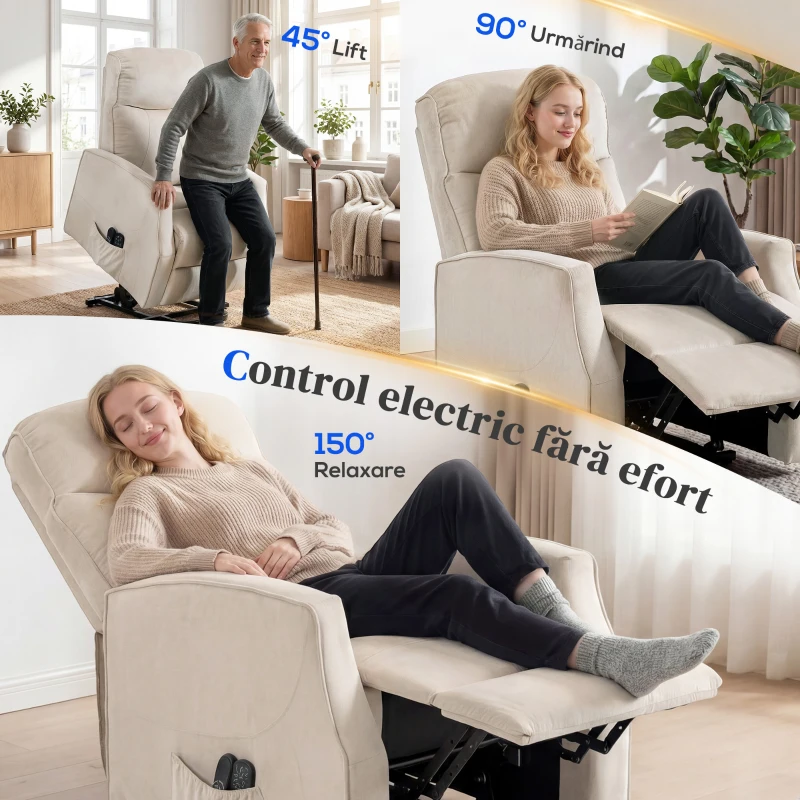HOMCOM Fotoliu Electric cu Ridicare, Fotoliu Relax cu Masaj și Încălzire, Bej