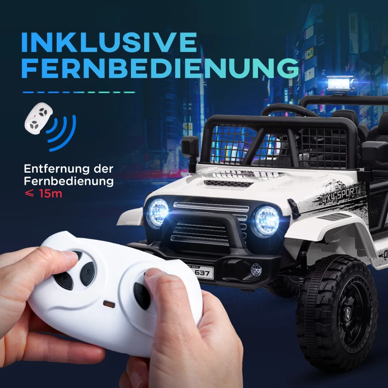 AIYAPLAY Elektrische kinderauto met zachte vering, bestuurbaar op afstand, LED-lampen, claxon, 12V-motoren, van kunststof en metaal, wit(m-7)