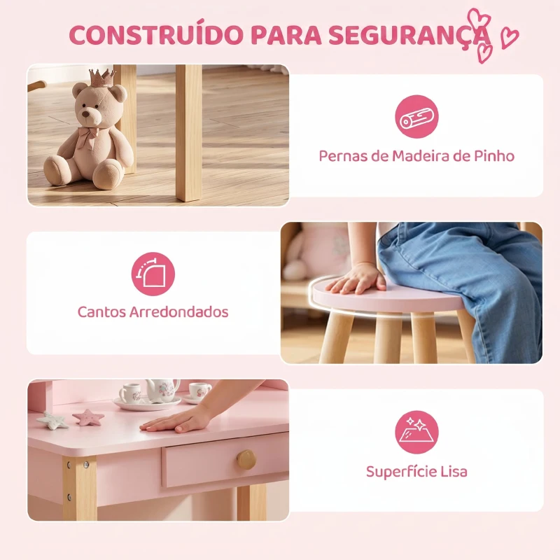 AIYAPLAY Toucador Infantil com Banqueta, Espelho, Gaveta e 2 Prateleiras Abertas para Crianças 3 a 6 Anos Rosa