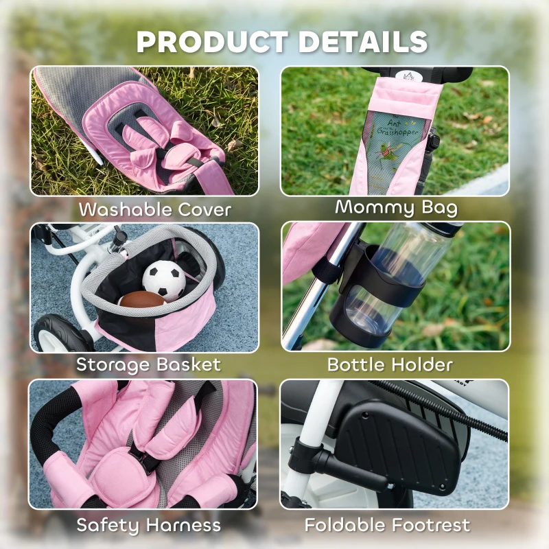 HOMCOM 6 in 1 Kids Trike with Parent Handle, Canopy, 5-point Seat Belt, Storage, Footrest, Brake, for 1-5 Years, Pink