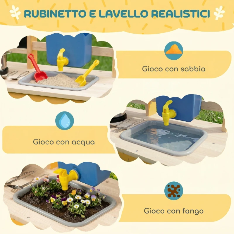AIYAPLAY Cucina Giocattolo in Legno per Bambini con 15 Accessori, da Interno ed Esterno, Giallo