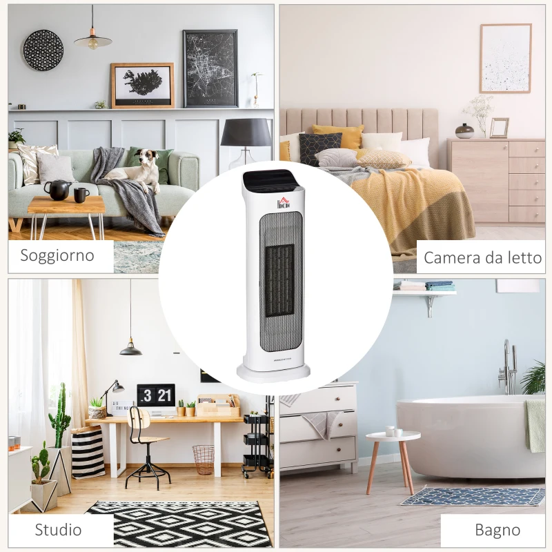 HOMCOM Stufetta Elettrica Oscillante con Telecomando, Temperatura Regolabile e Timer, Potenza 1000W/2000W, 17.6x13.7x50cm, Bianco