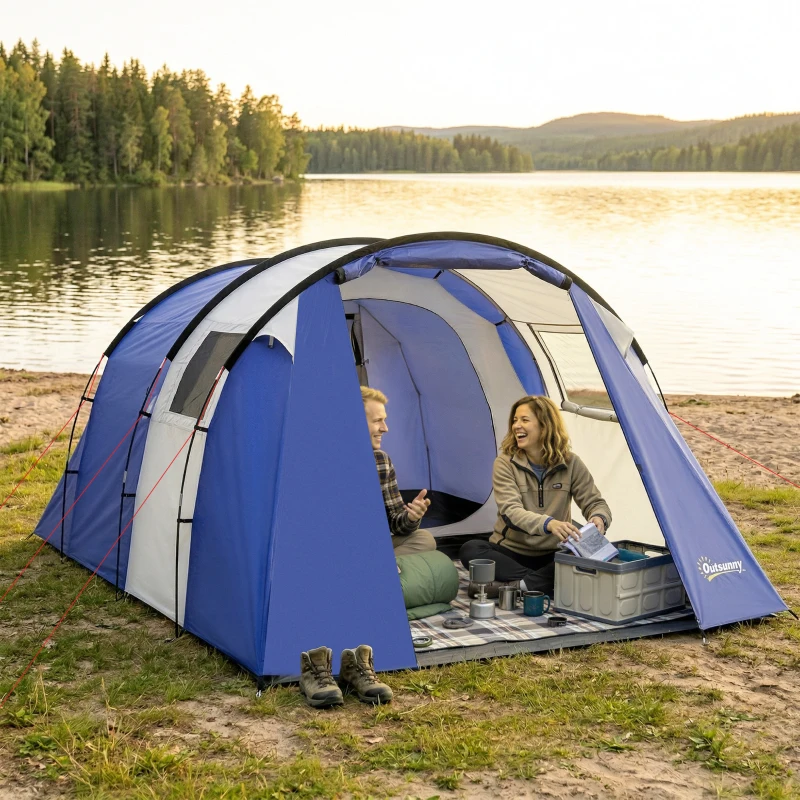 Outsunny Tenda a Tunnel per 4 Persone con Camera e Zona Giorno, Impermeabile 3000 mm, Tenda da Campeggio, Blu Scuro