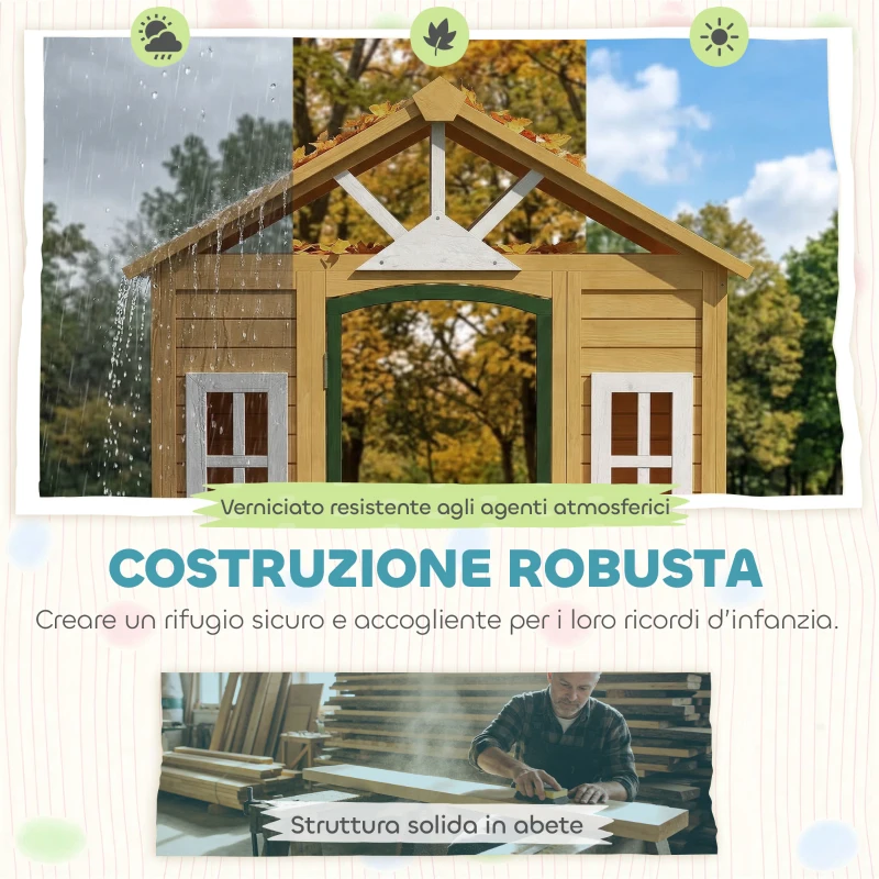 AIYAPLAY Casetta da Giardino per Bambini in Legno di Abete con Finestre, 2 Fioriere, Porta e Tetto, 3-8 Anni, Marrone