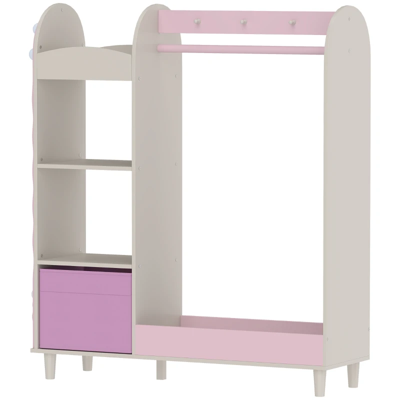 AIYAPLAY Kids Clothing Rack, Kids Wardrobe with Glowing Lights Mirror, Non-Woven Drawer and Shelves for Bedroom, Ages 3-8, Pink