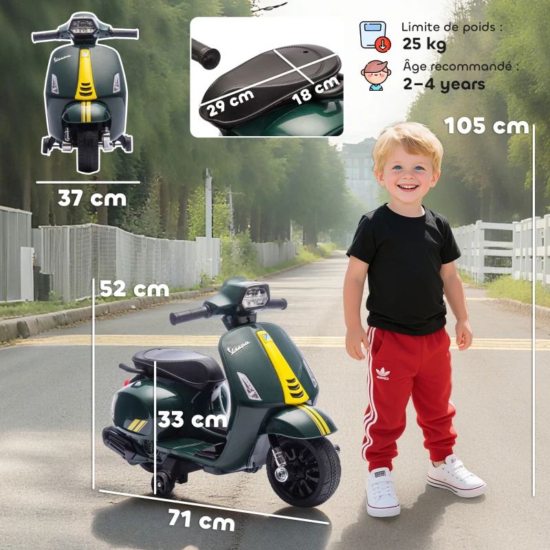 AIYAPLAY Moto électrique enfants 6 V, voiture électrique enfants avec Roues d'Apprentissage, 2-4 Ans, 71 x 37 x 52 cm, vert foncé