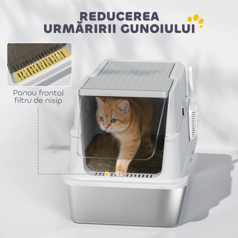 PawHut Litieră Spațioasă din Oțel Inoxidabil pentru Pisici, cu Capac Rabatabil și Lopățică