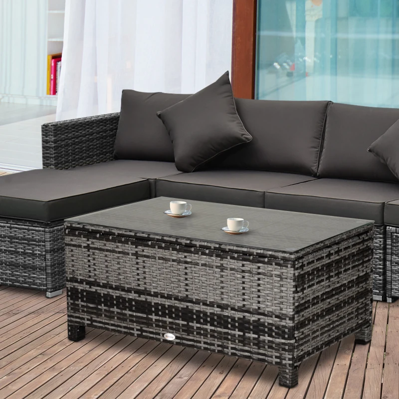 Outsunny Table Basse de Jardin Plateau Verre trempé 5 mm rotin tressé 85 x 50 x 39cm Max. 70 kg gris