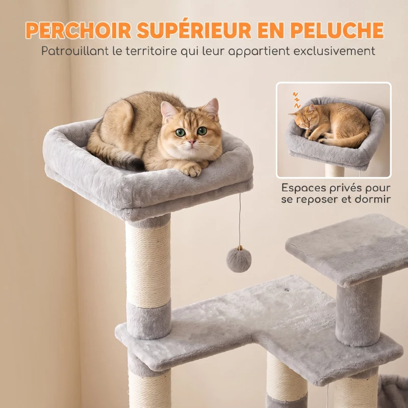 PawHut Arbre à Chat 5 niveaux 152cm, Niche, Hamac, Plateforme, Poteaux à Griffer, Balles Suspendues, Gris Clair