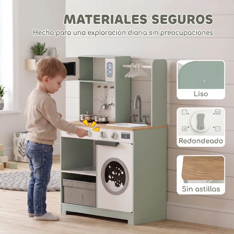 AIYAPLAY Cocina de Juguete de Madera con Lavandería Máquina de Hielo Cajón de Tela Perchas Accesorios de Acero Inoxidable Verde
