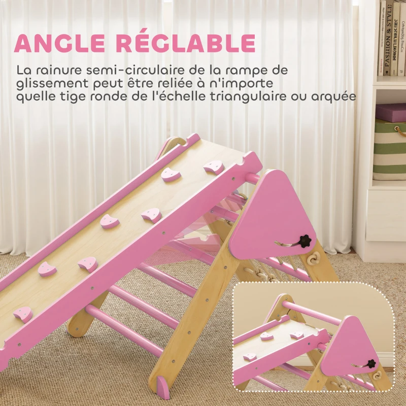 AIYAPLAY Triangle d'escalade enfants 8 en 1 avec rampe double face, arc d'escalade en bois avec toboggan & échelle, rose