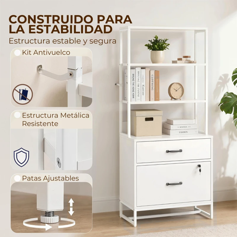 HOMCOM Mueble Archivador con Estantería 2 Cajones Encimera para Impresora Cerradura para A4 Letter Legal Blanco